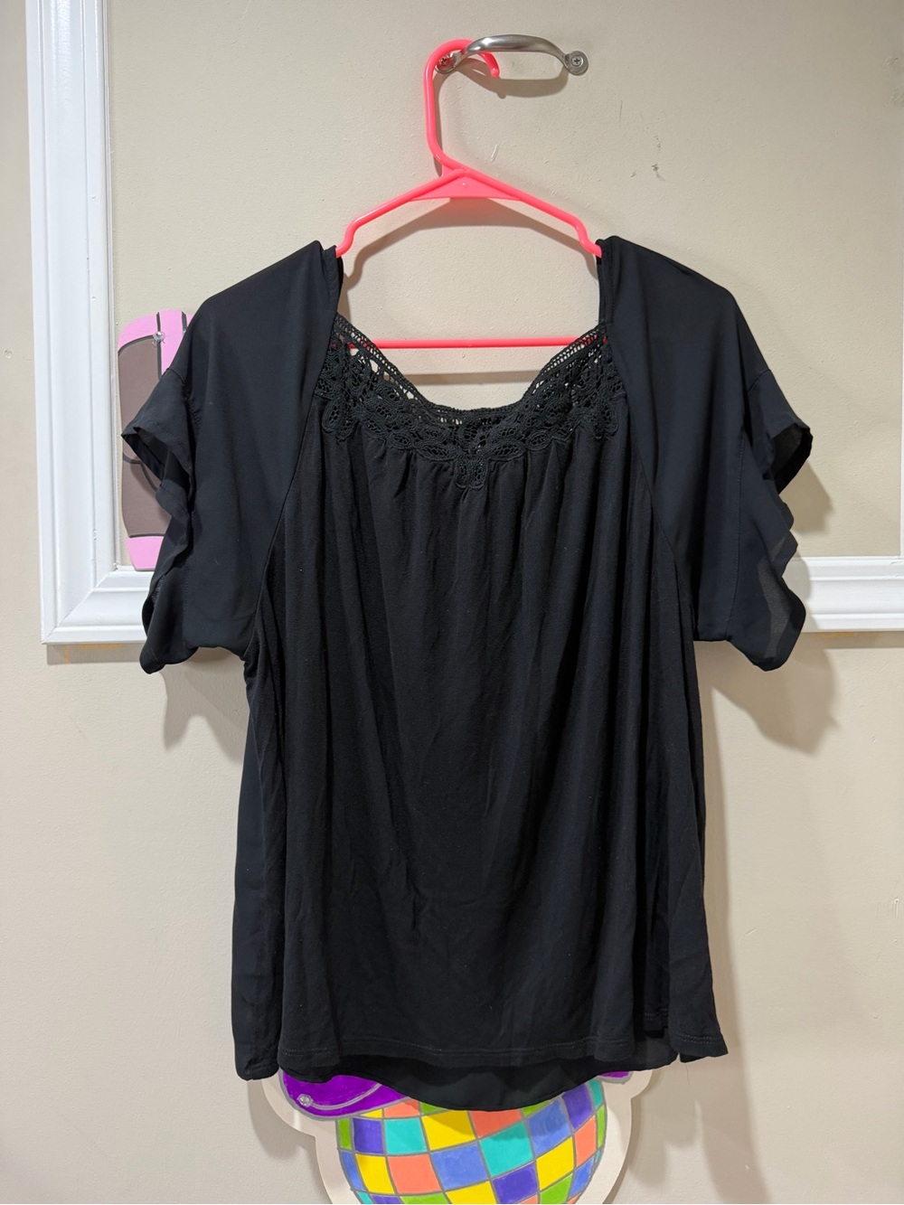 LOFT Black Crochet Yoke Flutter Sleeve Blouse - Picture 4 of 4